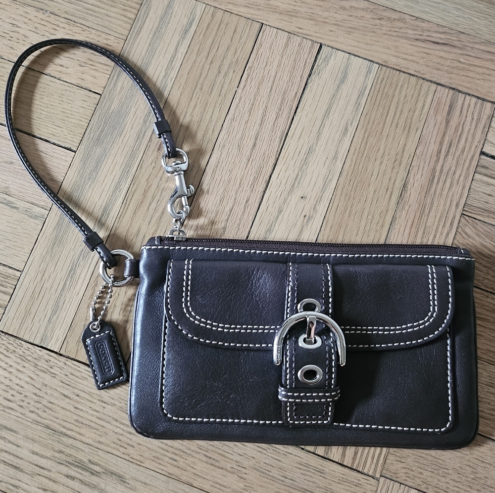 Coach Brown-Black Leather Wristlet with Silver Buckle Detail